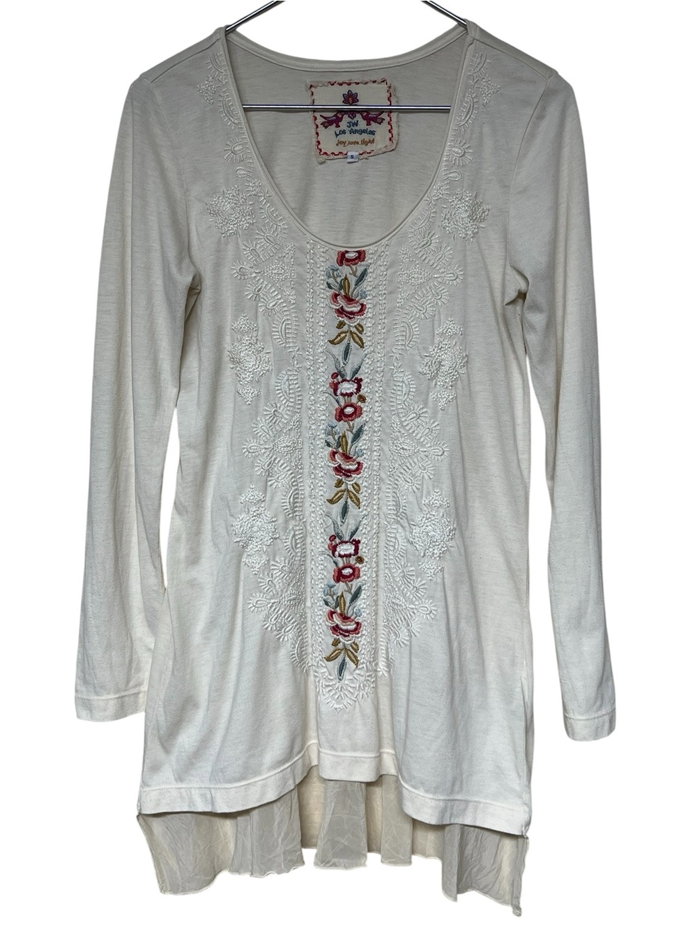 Johnny Was cream scoop neck long sleeve floral embroidered ruffle tunic top